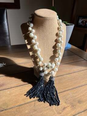 Heidi Daus Have It Your Way White Pearl and Beaded Tassel Lariat Necklace